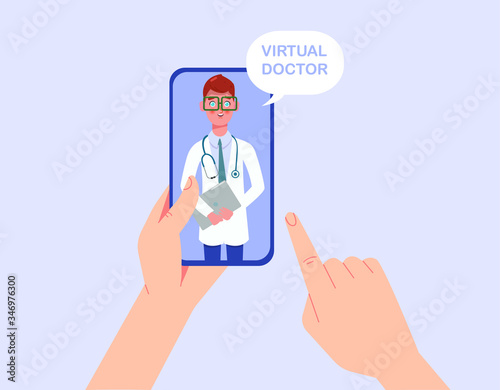 Hand hold phone with video call to personal doctor. Online Medical Advice.