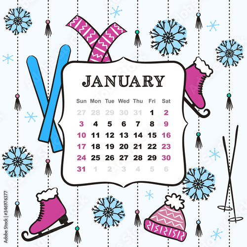 Thematic template for a calendar for 2021. The month of January. Design for a calendar with winter elements. Pattern for printing yearbooks and notebooks. Vector hand-drawn illustration, doodle style.