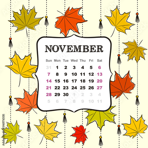 Thematic template for a calendar for 2021. The month of November. Design for the calendar on the theme of autumn, yellow and orange maple leaves. Vector hand-drawn illustration, doodle style.