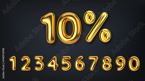 Set off discount promotion sale made of realistic 3d gold balloons. Number in the form of golden balloons. Template for products, advertizing, web banners, leaflets, certificates and postcards. Vector