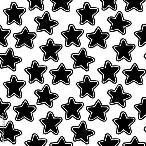 Black ink stars isolated on white background. Beautiful childish seamless pattern. Hand drawn vector graphic illustration. Texture.