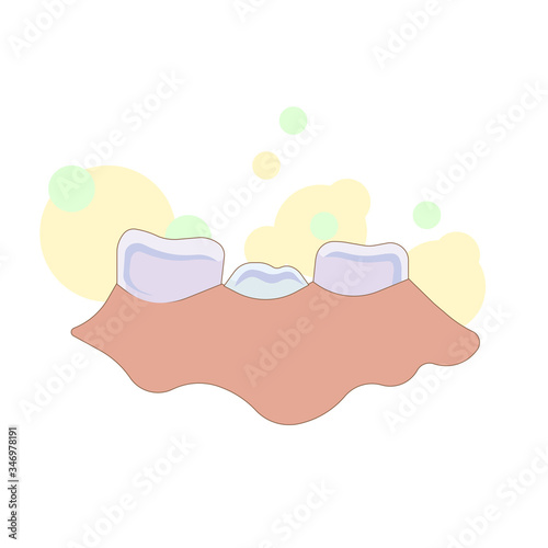 Young tooth between teeth with bubbles on white isolated background, vector illustration to make posters, booklets, decor of websites or using as an original art for Stomatology or Medicine topic.