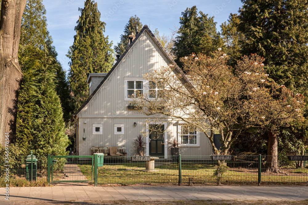 An authentic Dutch house in Eindhoven surrounded by trees with blossoms and greenery on a sunny day during spring time creating an idyllic scenery