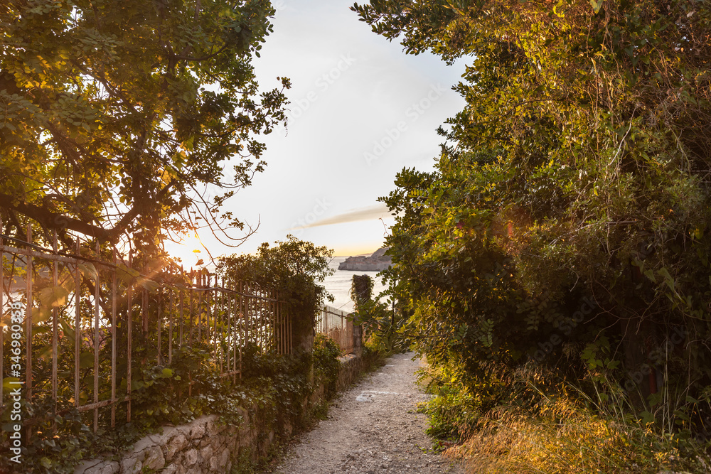 View of the Adriatic sea with the Old Town in Dubrovnik in Dalmatia, Croatia, Europe on a sunny day in summer during sunset and sun flares. A path with greenery, golden hour, idyllic scenery