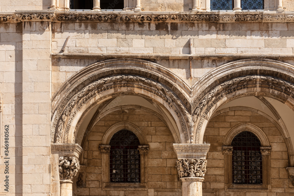 The Sponza palace in the Old Town of Dubrovnik, built in the 16th Century, shot on a sunny day in summer in, Dalmatia, Croatia, Europe. Gothic and renaissance mixed style
