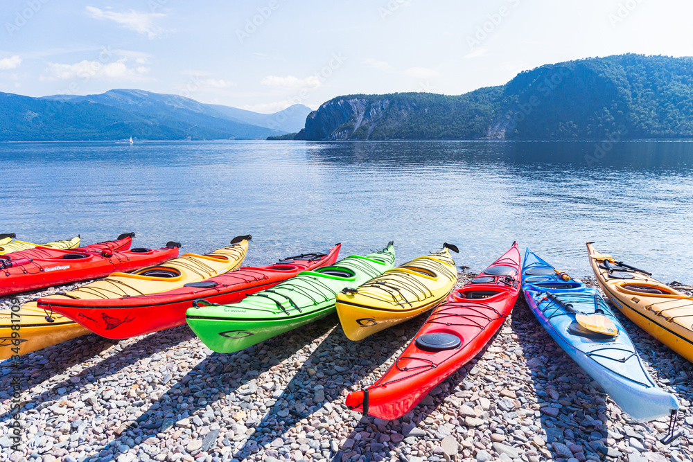 Kayaks on the beach, Birchy Head, Gros Morne National Park, Newfoundland and Labrador, Canada Kayaks on the beach, Birchy Head, Gros Morne National Park, Newfoundland and Labrador, Canada