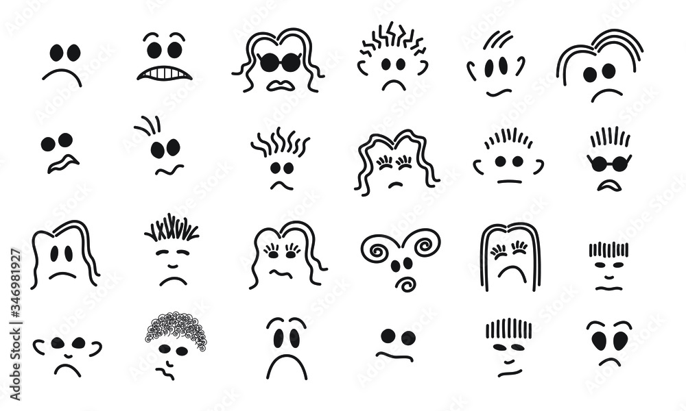Unhappy Faces Collection, Line Drawings, Black on White Unhappy Faces Collection, Line Drawings, Black on White