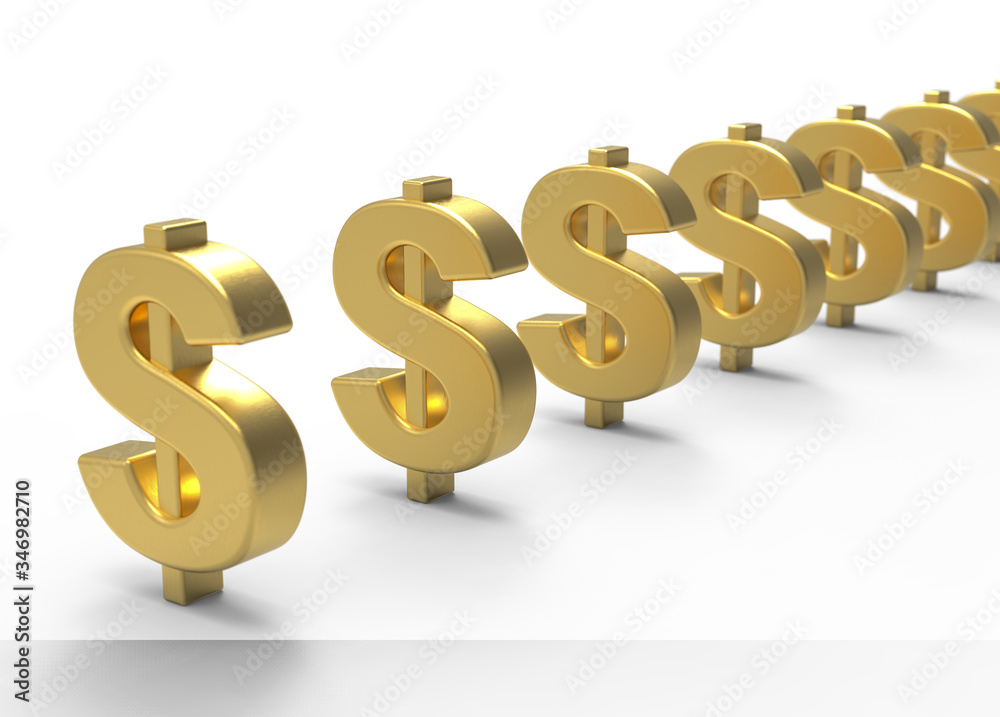 3d golden dollar symbols in sequential condition. isolated on white background. 3d illustration. 3d golden dollar symbols in sequential condition. isolated on white background. 3d illustration.