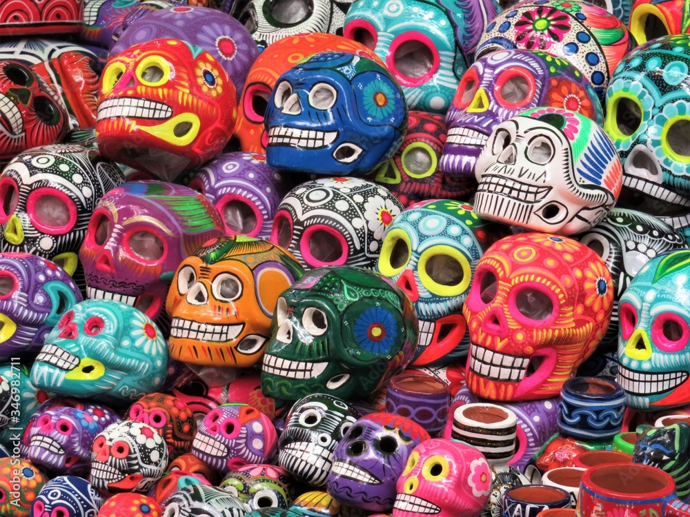 Colorful Mexican Day of the dead clay skulls - calaveritas