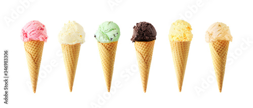 Large assortment of ice cream cones. Various flavors isolated on a white background