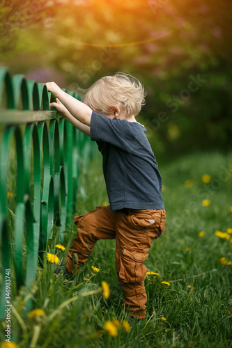 little boy in the park climbs over a green metal painted fence. Spring, everything is blooming.