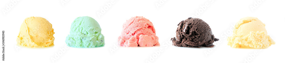 Assortment of ice cream scoops isolated on a white background. Lemon, mint, strawberry, chocolate and vanilla flavors. Assortment of ice cream scoops isolated on a white background. Lemon, mint, strawberry, chocolate and vanilla flavors.