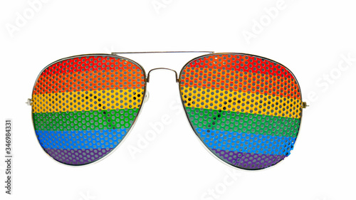 Rainbow glasses. Aviator sunglasses or droplets with the LGBT community symbol, rainbow flag. Closeup. Isolated on white background. For design or text. Human rights concept 