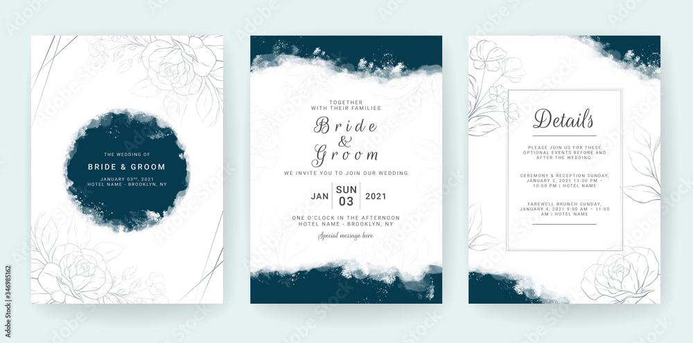 Elegant abstract Background. Wedding invitation card template set with blue  watercolor and floral decoration. Flowers border for save the date,  greeting, poster, and cover design Stock Vector | Adobe Stock