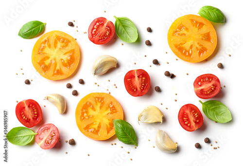 flat lay composition of tomato and basil
