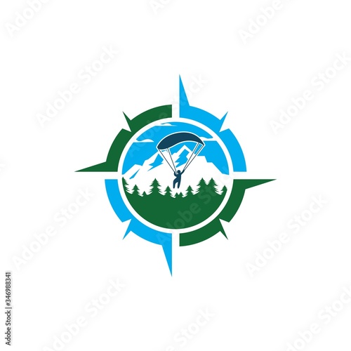 compass with parachuting mountain concept vector illustration design