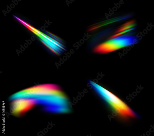small abstract colorful rainbow light leak prism flare photography overlay on black background photo
