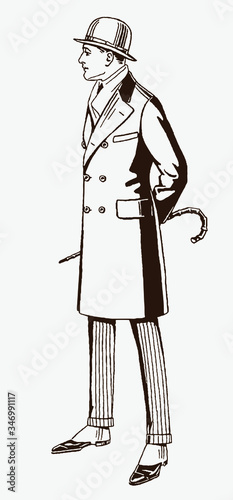Gentleman from the early 20th century wearing a double-breasted coat, gaiters and a bowler hat and holding a walking stick behind his back