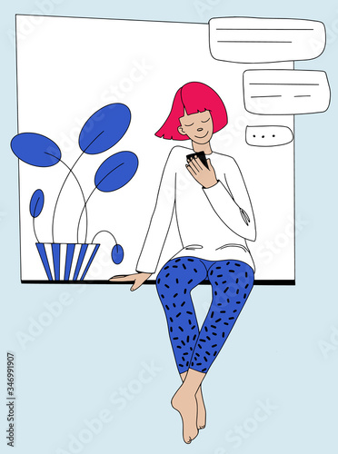 stylish Teenager girl sittingsending a message with the mobile. Vector illustration line style.