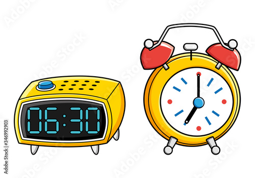 Yellow digital and retro alarm clock isolated