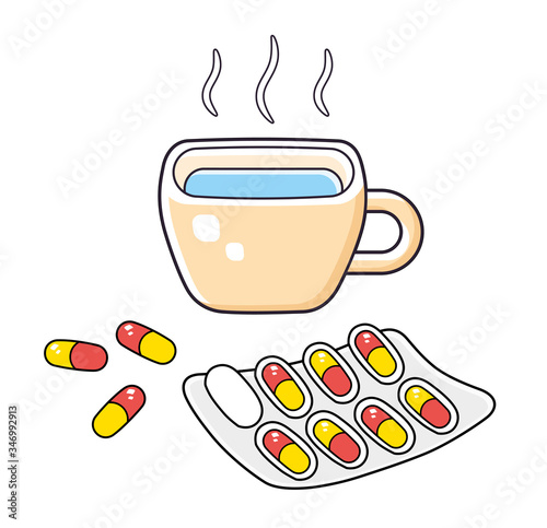Pills in blister pack and cup of hot drink isolated