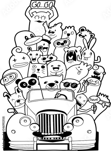 Happy summer Doodle Monster in vintage car cabriolet 1950's style happy summer