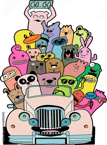 Happy summer Doodle Monster in vintage car cabriolet 1950's style happy summer