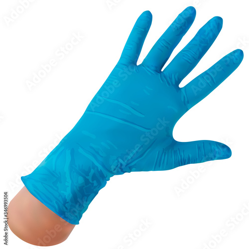 Glove viewing nitrile on a hand. Individual protection against bacteria, viruses and various organic and chemical pollutants. Safety measures in medicine and healthcare. Vector illustration