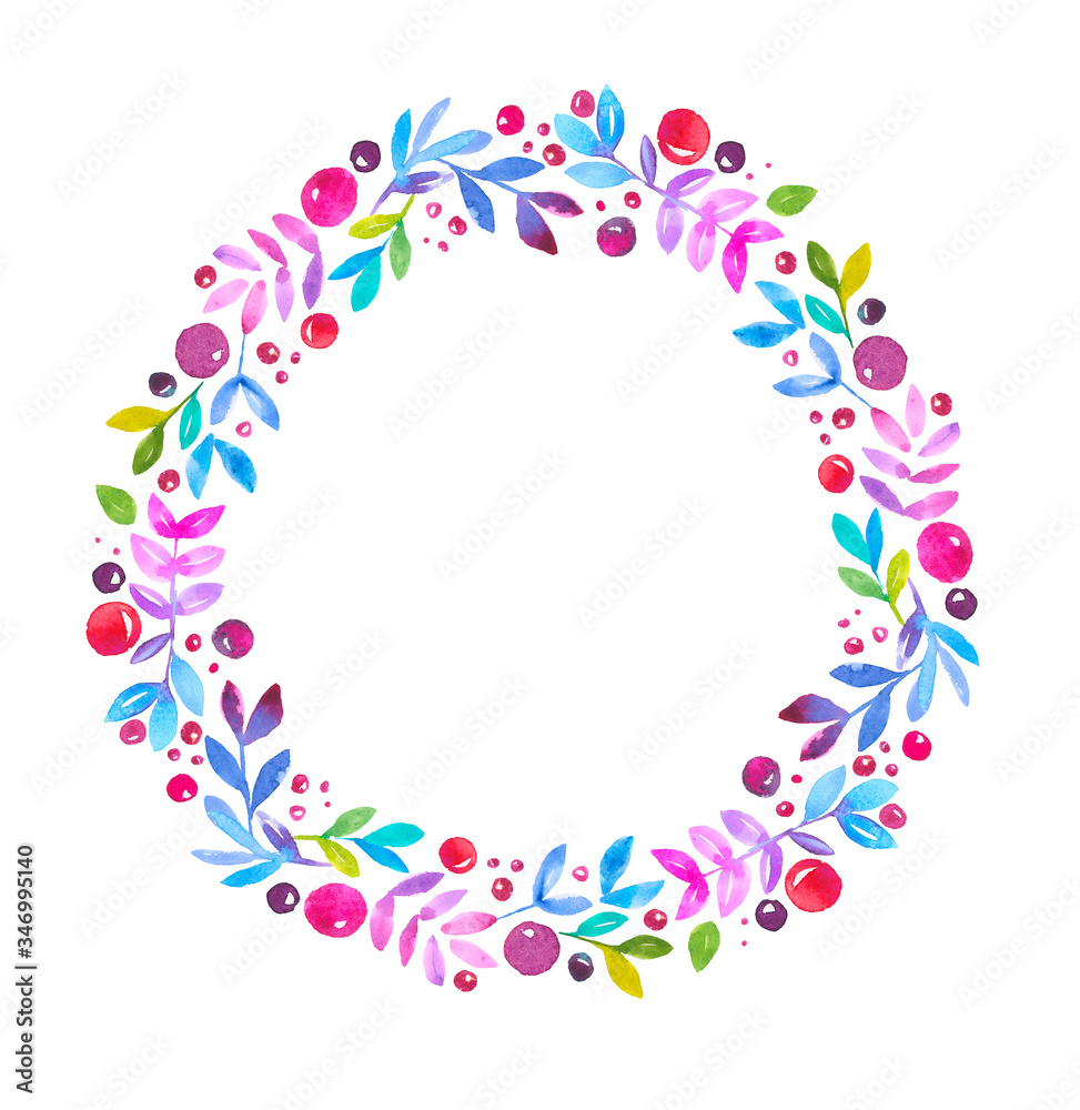 Colorful wreath made from hand painted watercolor elements.  