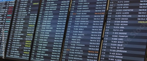 Departure arrival board with timetable, gate info and schedule in airport terminal. Slow motion, BMPCC 4K