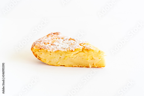 Isolated delicious apple pie (charlotte) on white background. Bake at home apple pie dessert. Recipe of homemade pastry.