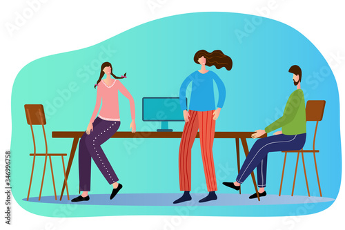 Business people confer among themselves.The concept of team work success.Businessman and businesswoman working in the office.Flat vector illustration.