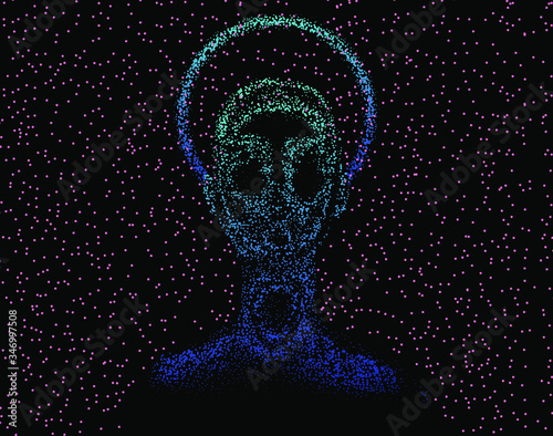 Obraz na plátně Human female head with halo or aureola made of particles, starry sky on the background
