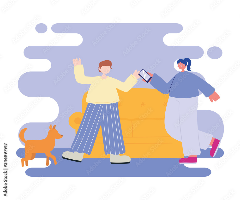 people activities, couple in living room with dog and smartphone