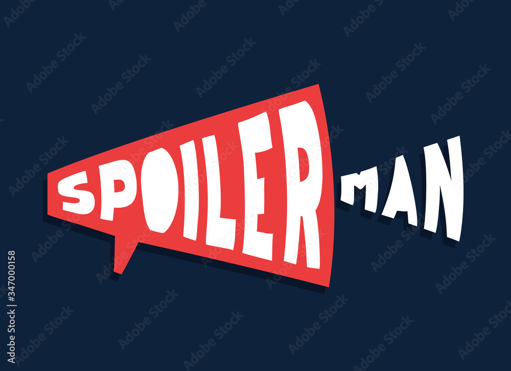 Spoilerman alert funny slogan. Hand draw cartoon style typography. spoiler  man logotype sticker for your t-shirt, print, apparel Stock-Vektorgrafik |  Adobe Stock