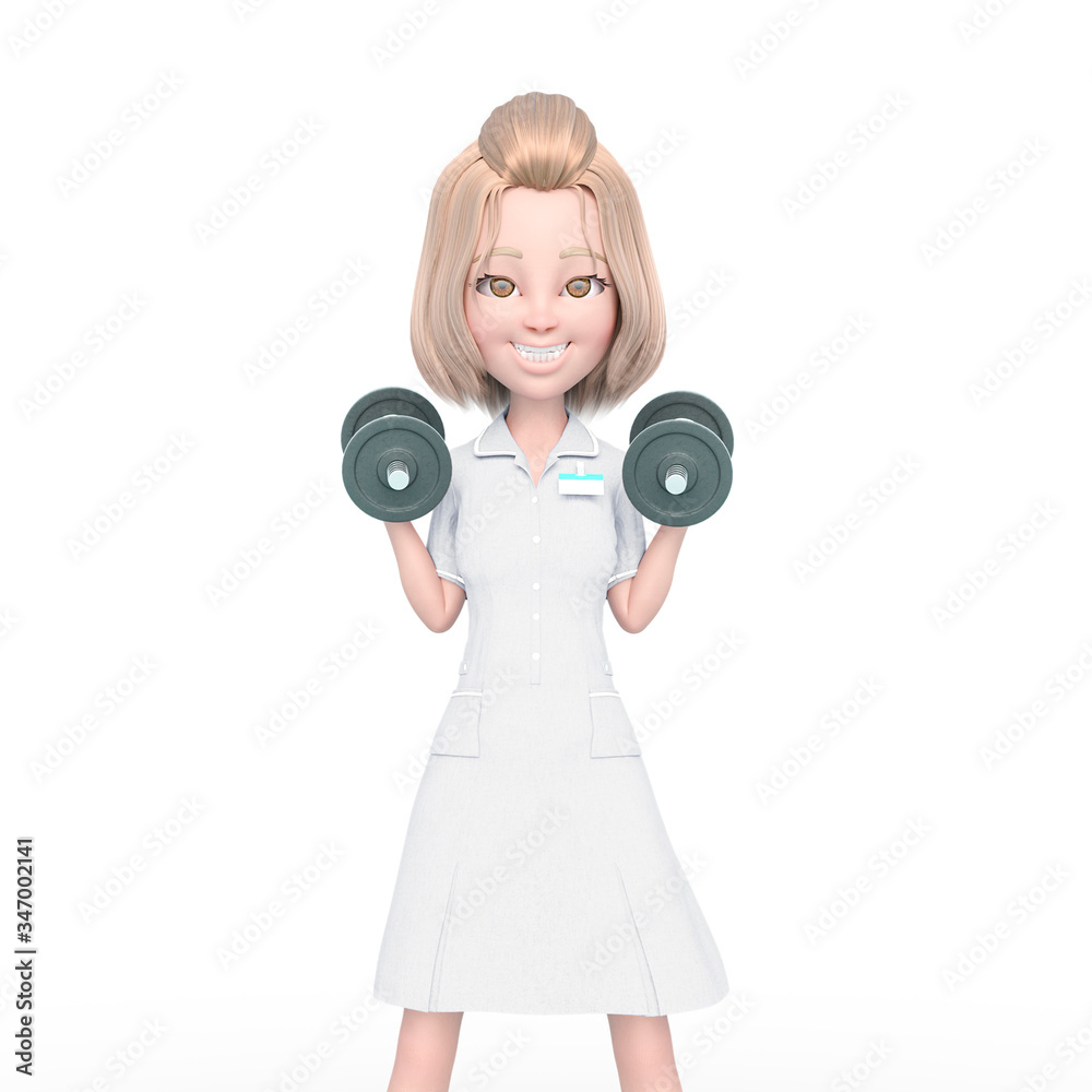 Fototapeta premium blond nurse cartoon is doing some workout exercise with the dumbbells