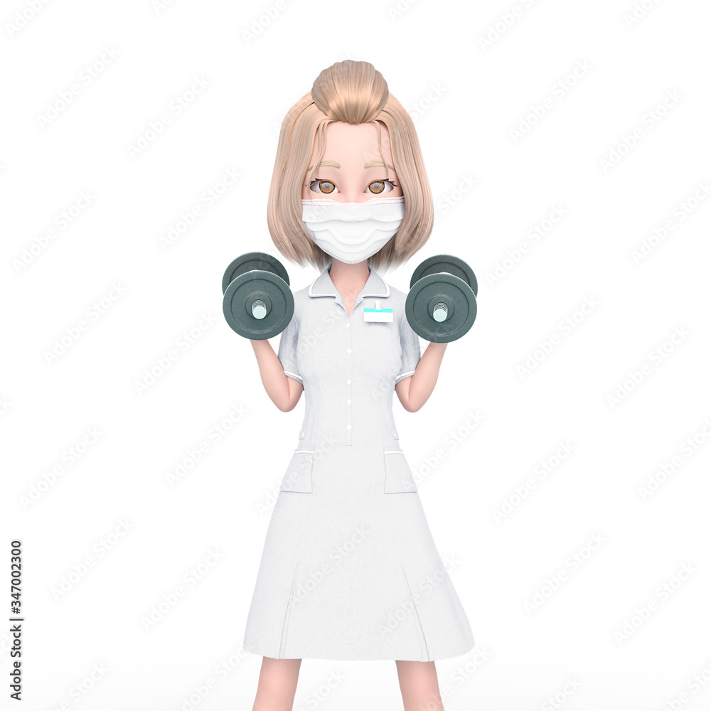 blond nurse cartoon wearing mask is doing some workout exercise with the dumbbells