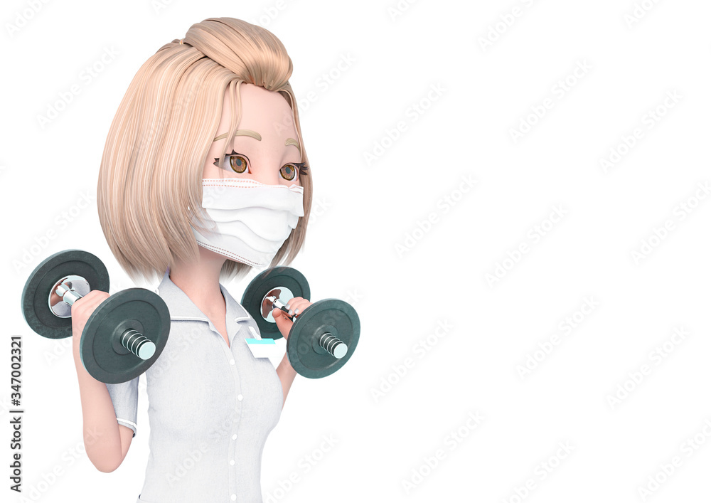 blond nurse cartoon wearing mask is doing some workout exercise with the dumbbells close up with copy space blond nurse cartoon wearing mask is doing some workout exercise with the dumbbells close up with copy space
