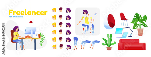 Vector female flat freelancer girl animation set
