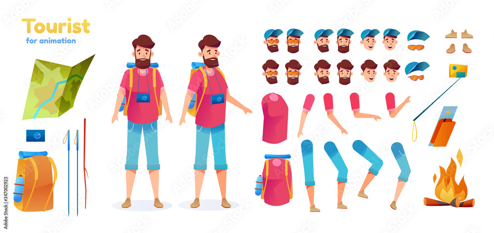 Vector cartoon hiker trekker tourist animation set Vector cartoon hiker trekker tourist animation set