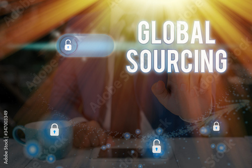 Writing note showing Global Sourcing. Business concept for practice of sourcing from the global market for goods photo