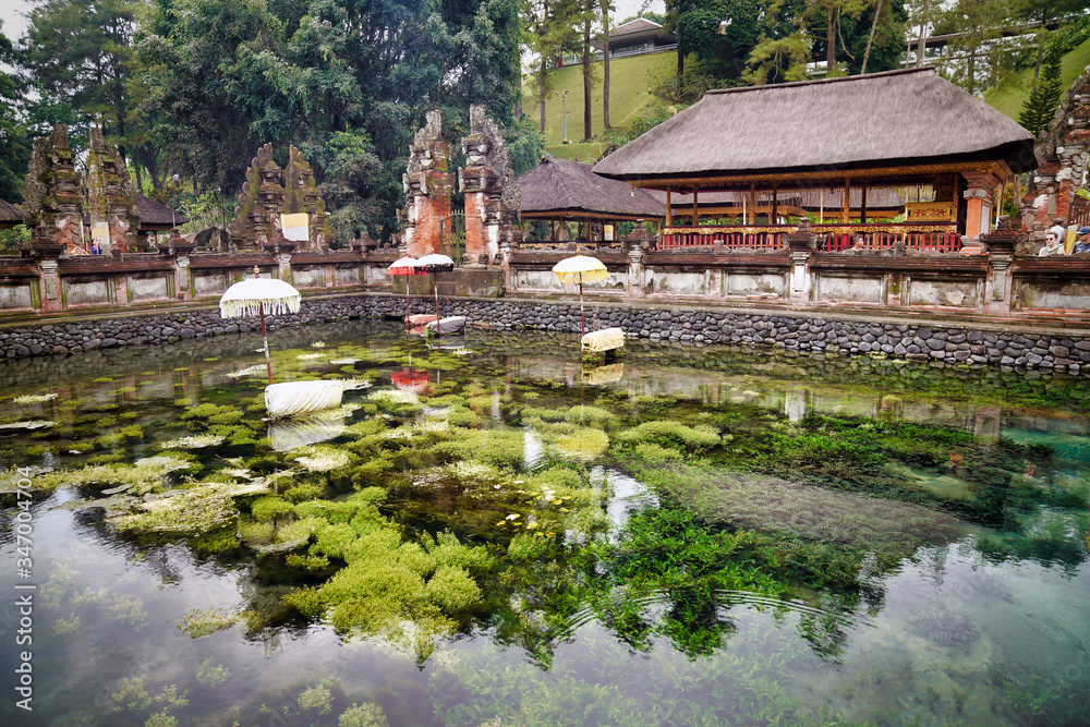 A reservoir in the temple Pura Tirta Empul, where a spring of clear, crystal-clear fresh water flows from below. Balinese call this reservoir the source of eternal youth