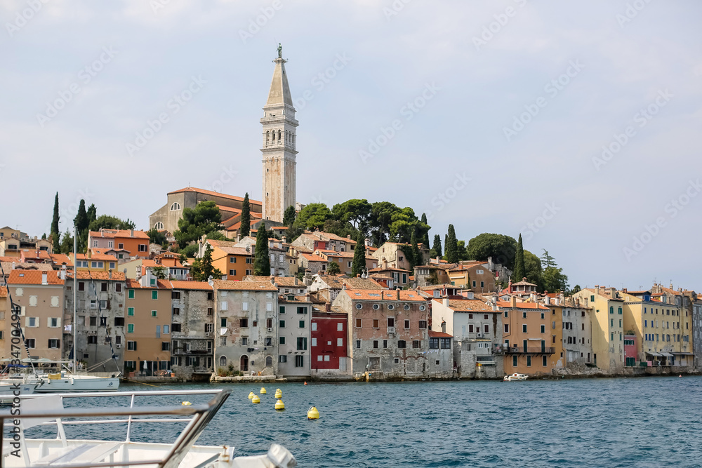 View of the Adriatic sea on the city of Rovinj houses Cathedral in Croatia