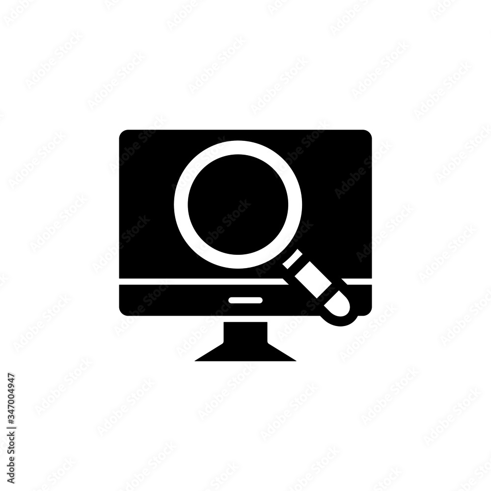 magnifier, pc monitor icon in black flat designon white background magnifier, pc monitor icon in black flat designon white background