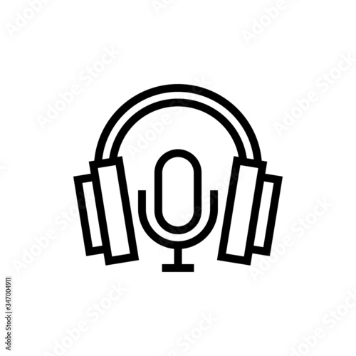 podcast icon, microphone with headphones icon in linear style on white background