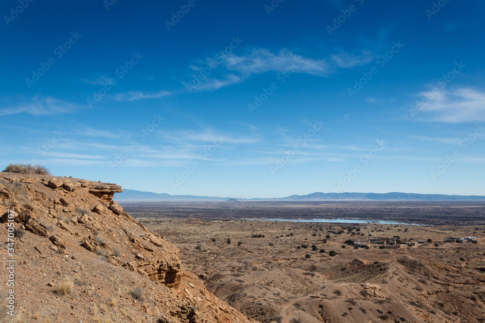Panoramic view from the top of a mountain ridge in the Sevilleta National Wildlife Refuge, New Mexico desert, horizontal aspect