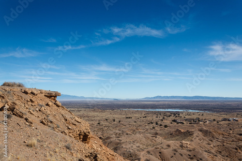 Panoramic view from the top of a mountain ridge in the Sevilleta National Wildlife Refuge, New Mexico desert, horizontal aspect