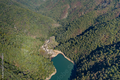 Mounains Lagoon Embalse Bullileo en region Maule, Chile. Aerial drone view photo