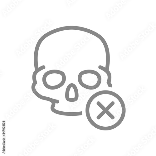 Skull with cross checkmark line icon. Bone structure of the head, cranium symbol