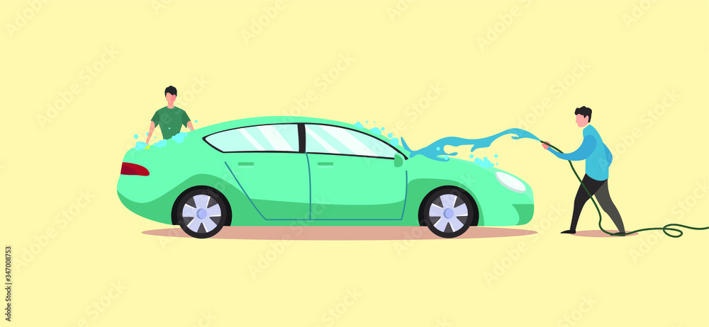 Car wash vector concept: two male figures washing a car isolated over yellow background